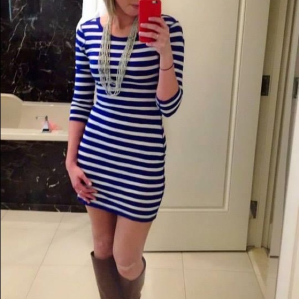 Express Blue and White Striped Dress 3/4 Sleeves